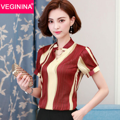 VEGININA 条纹雪纺衫夏季新款女装上衣宽松短袖小衫 9625(酒红色 M) VEGININA 条纹雪纺衫夏季新款女装上衣宽松短袖小衫 9625(酒红色 M)