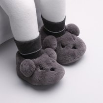 冬宝宝加绒地板鞋袜可爱婴儿鞋超软羊羔绒加绒地板中筒不掉袜套(黑灰色 老鼠(加绒防滑） 【M】1-2岁（脚12-14CM）)