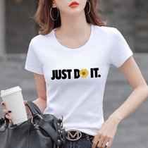 棉 T恤女夏季印花设计感体恤衫修身显瘦上衣韩版女装(字母雏菊JUST【白色】 2XL)