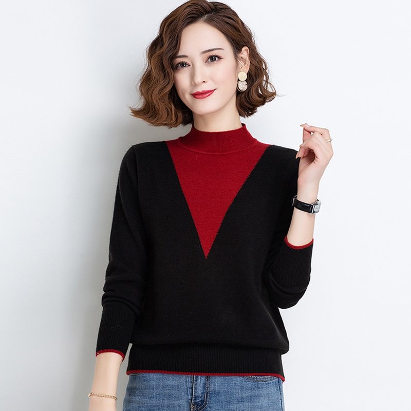 针织衫时尚撞色保暖年轻长袖上衣打底衫女s码黑 宽松舒适百搭图片大全