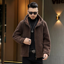 冬季双面穿男款颗粒羊羔毛外套羊剪绒皮毛一体时尚男士皮革连帽外套(咖啡色 XL)