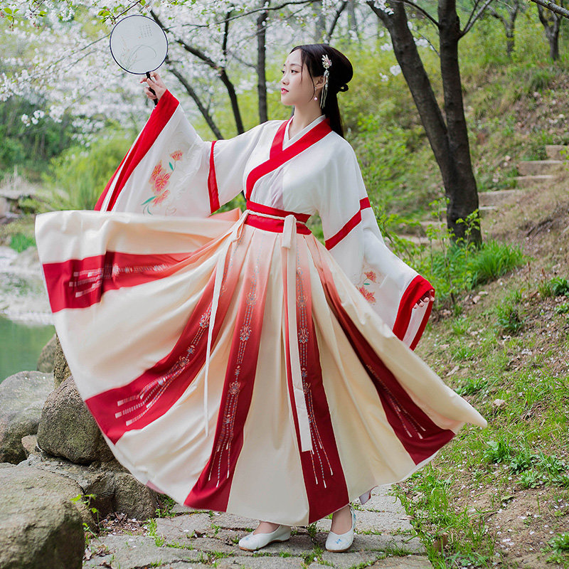 中式服装女云芷古装汉服女对襟齐腰襦裙红白相间印花长裙汉元素中国风