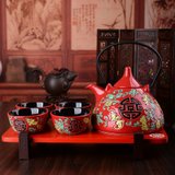 中国红色陶瓷结婚茶具套装创意婚庆用品长辈敬茶杯壶新婚礼品礼物  5件(5件)(石榴花(尖顶)1壶4)