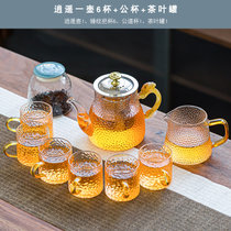 日式玻璃茶具套装耐热泡茶器家用客厅会客小型茶壶功夫茶茶杯小套(龙把《逍遥》锤纹壶8件套+仙鹤茶叶罐 默认版本)