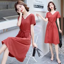 小个子v领连衣裙女夏装2021新款韩版收腰气质女神范雪纺中长裙子(红色 M)