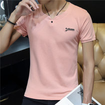 左岸男装 夏季新款男装V领短袖T恤韩版修身青少年纯色纯棉半袖打底衫潮(粉红色 M)