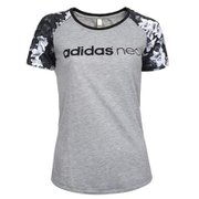 2016夏季阿迪达斯女装运动装新款adidas neo女子修身印花T恤休闲短袖女士纯棉透气速干运动衣(灰色 XL)
