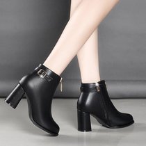 SUNTEK意尓㝩短靴女粗跟2021新款秋冬季加绒大码女鞋高跟鞋瘦瘦靴(35 码 黑色加绒)