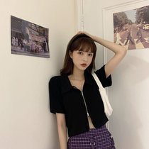 SUNTEKins高腰短款T恤女夏季韩版修身Polo翻领短袖体恤设计感拉链上衣服(L 黑色)