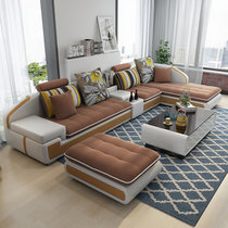 美天乐 可拆洗中小户型布艺沙发简约现代 客厅转角皮布沙发家具2.6/2.8/3.3/3.6米(卡其色 （单+双+贵）+茶几+电视柜+脚踏)