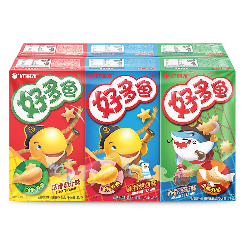 好丽友休闲零食大礼包好多鱼六连包198g茄汁味33g烧烤味33g海苔味33g