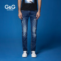 G&G男装新品春季薄破洞微弹男士牛仔裤修身中腰小脚牛仔裤男裤子(蓝色 38)