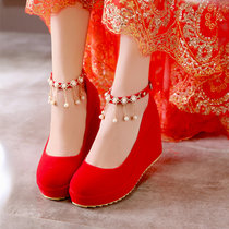 2017春秋季红色孕妇鞋结婚鞋坡跟单鞋高跟女鞋中式婚礼红鞋新娘鞋(37)(红色)