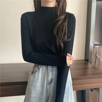 SUNTEK春季ins风女装2022新款白色长袖T恤洋气紧身半高领内搭打底衫上衣(均码 黑色)