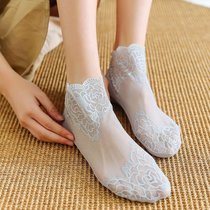 2022袜子女蕾丝春夏薄款网纱花边纯色袜日韩隐形中筒短筒防滑印花成人(灰色5双装 均码)