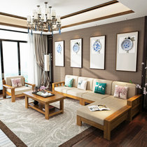 一米色彩 中式实木沙发组合 橡胶木沙发带L型转角现代简约客厅家具贵妃(原木色 四人位+贵妃+茶几)