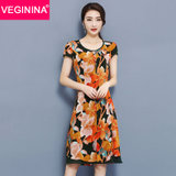 VEGININA 韩版修身优雅短袖印花连衣裙 2996(黄色 3XL)
