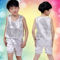 六一儿童节演出服装男童舞蹈幼儿现代幼儿园少儿男孩亮片表演服饰(白色)(150cm)