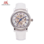上海牌手表女士真皮皮带机械表 镂空潮流时尚女表腕表604(白面白色)