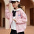 巴洛尼莫2021秋女童棒球服休闲运动女童外套秋装潮酷中大童短款宽松上衣(140cm 粉色两件套)