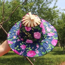 SUNTEK供应时尚扇子帽两用竹子遮阳折扇帽子旅游 沙滩 防晒多用途易携带(均码 深蓝大花)