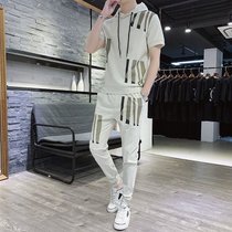 男士夏装套装成熟帅气一套搭配个性青年稳重气质短袖T恤运动yd夏(T37 米白色（帽子款） XL)