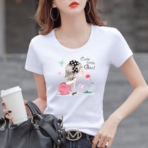 棉 T恤女短袖春夏修身显瘦体恤印花百搭韩版上衣小衫(白色-蝴蝶女孩 XL)