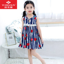 女童棉绸连衣裙春夏季新款公主裙可爱无袖印花裙子(150 蓝条草莓)