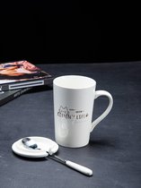 简约陶瓷马克杯大容量咖啡杯子家用带盖勺水杯创意轻奢办公室杯子(黑色礼盒套装（备注图案）)