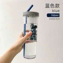 ins塑料杯大容量带吸管便携果汁背带水杯过滤网红高颜值夏天杯子kb6(北欧蓝+贴纸)