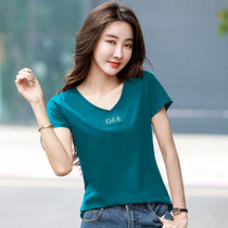 v领短袖t恤女2022年新款夏季修身绿色上衣时尚纯棉半袖体恤衫(湖蓝 M)