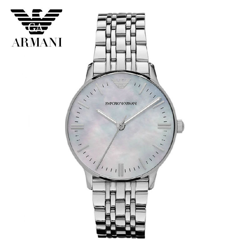 阿玛尼(armani)手表 新款贝壳圆盘典雅简洁钢链 银色石英女表 ar1602