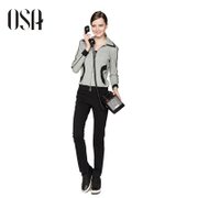 OSA2013春装新款女装韩版时尚舒适翻领拼接运动休闲套装(花灰色 XL)