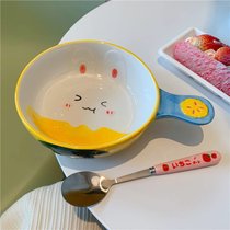 ins超萌可爱卡通燕麦早餐碗少女学生手柄陶瓷碗韩式餐具家用创意(菠萝兔子+草莓勺)