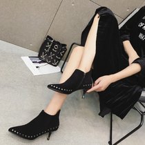 短靴尖头女靴子秋季新款细跟高跟靴时尚铆钉边踝靴韩版绒面及裸靴(35)(黑色)