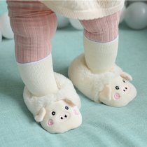 冬宝宝加绒地板鞋袜可爱婴儿鞋超软羊羔绒加绒地板中筒不掉袜套(乳白色 小猪-防滑加绒 【S】0-12个月（脚10-12CM）)