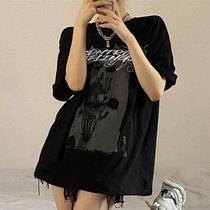 SUNTEK短袖t恤女夏季设计感小众中长款打底衫2022新款美式复古宽松上衣(M 黑色)