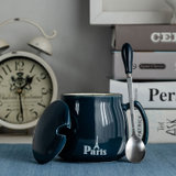 陶瓷马克杯子创意个性带盖勺潮流情侣喝水杯家用咖啡杯男女茶杯(深蓝早餐杯+专属勺)
