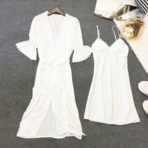 性感睡衣女夏吊带睡裙两件套薄款冰丝二件夏天丝绸睡袍带胸垫长裙(气质白)