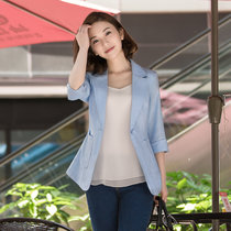 亚麻小西装女2021春秋装新款韩版休闲七分袖西服修身棉麻西装外套 TFD8111(蓝色 XL)
