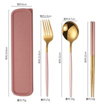 筷子勺子套装一人食便携餐具三件套不锈钢叉子单人学生可爱收纳盒(粉金筷勺叉套装【配粉盒】)