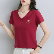 v领短袖t恤女2022年夏季女装纯棉半袖体恤衫气质女士上衣(酒红色 XXXL)