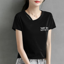 短袖t恤女装夏季丅2022新款纯棉半袖女式短款薄款v领上衣t桖(高贵黑色 S)