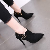 时尚铆钉高跟裸靴女秋单靴2017新款短靴细跟高跟鞋防水台尖头女靴(39)(红色)
