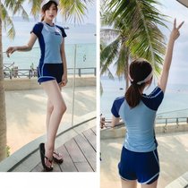 韩版风游泳衣女士性感运动平角保守学生少女分体遮肚显瘦泳装(8279 蓝色 XL码（建议105-120斤）)