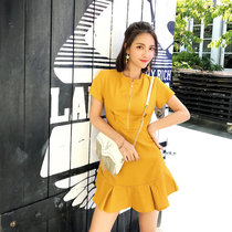 女夏荷叶边小心机短款黄色连衣裙显瘦2018新款裙子(芥末黄(如图) XL)