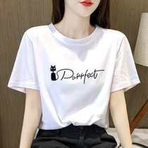 SUNTEK短袖t恤女装2022年新款夏季设计感国潮风ins白色宽松大码上衣(XL 136-155斤 黑猫字母)