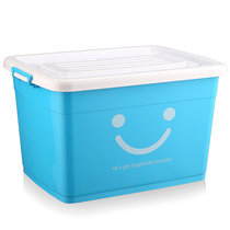 特大号加厚整理箱 滑轮收纳箱 棉被衣服储物箱塑料大码箱子(蓝色笑脸)(60L(长52款37高31CM))