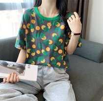 SUNTEK印花t恤女短袖2022年春夏新款韩版宽松简约体恤打底衫女内搭上衣(XL 灰色)