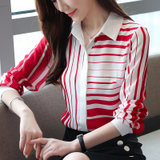 2021春新款韩版条纹衬衫显瘦职业OL衬衣上衣女装(红条纹 M)